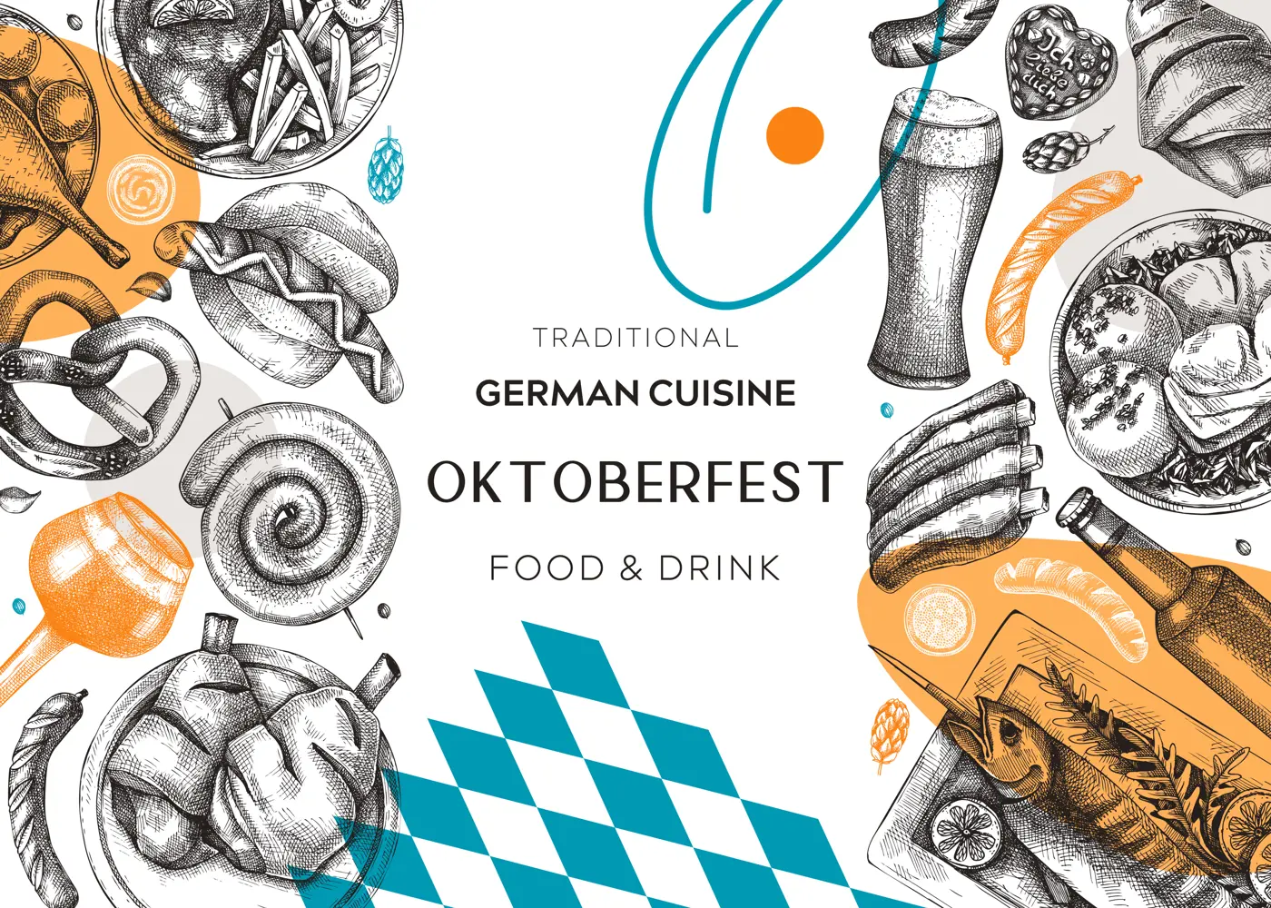 German food background in collage style. Oktoberfest menu trendy design. Vector meat dishes sketches and geometric shapes. German cuisine modern banner. Traditional Food festival illustration.  Illustration